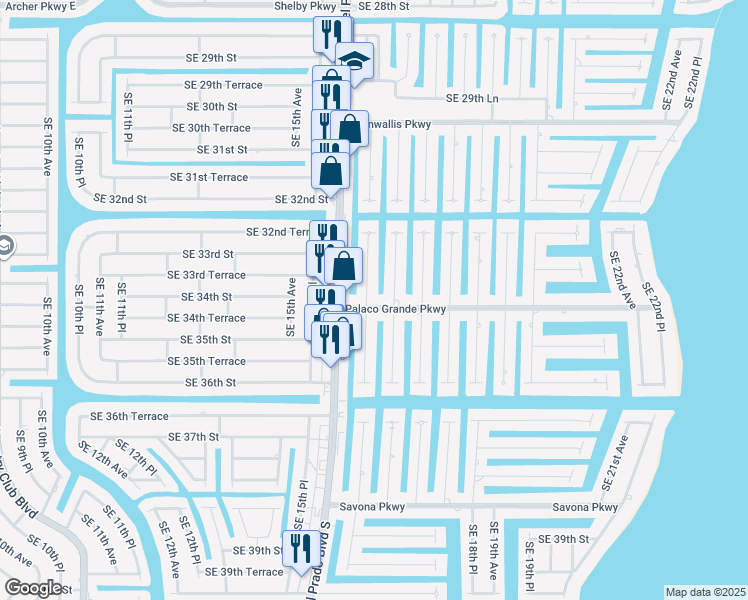 map of restaurants, bars, coffee shops, grocery stores, and more near 1619 Palaco Grande Parkway in Cape Coral