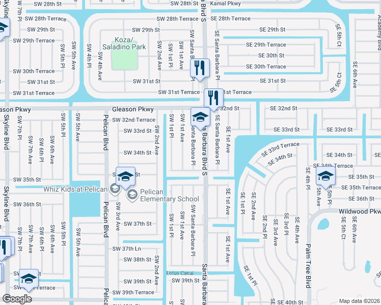 map of restaurants, bars, coffee shops, grocery stores, and more near 3322 Southwest Santa Barbara Place in Cape Coral