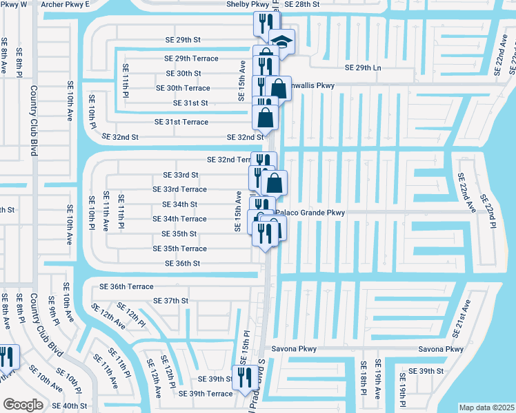 map of restaurants, bars, coffee shops, grocery stores, and more near 3336 Del Prado Boulevard South in Cape Coral