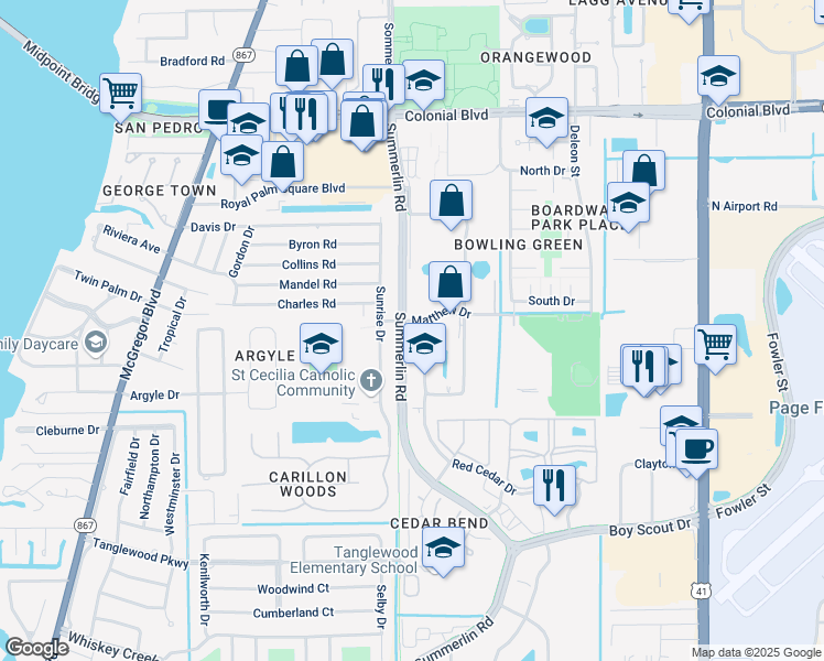 map of restaurants, bars, coffee shops, grocery stores, and more near 20 Barkley Circle in Fort Myers
