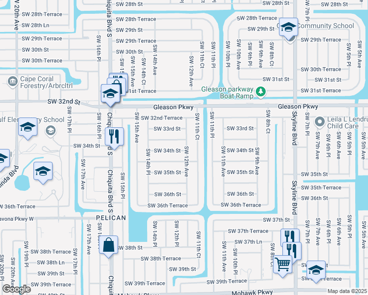 map of restaurants, bars, coffee shops, grocery stores, and more near 1203 Southwest 34th Street in Cape Coral