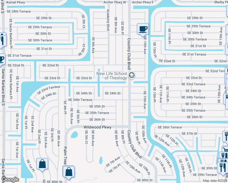 map of restaurants, bars, coffee shops, grocery stores, and more near 714 Southeast 34th Street in Cape Coral