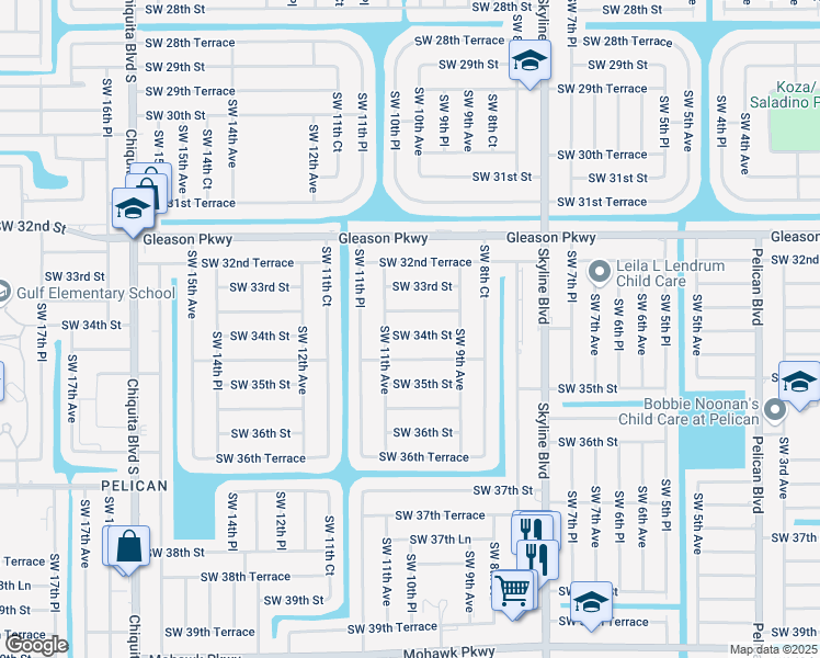 map of restaurants, bars, coffee shops, grocery stores, and more near 1005 Southwest 34th Street in Cape Coral