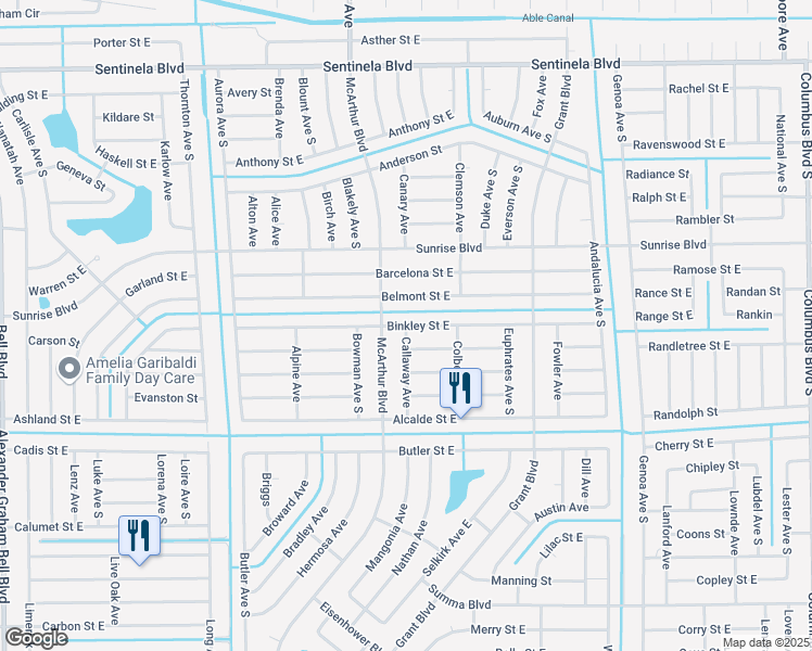 map of restaurants, bars, coffee shops, grocery stores, and more near 1016 Binkley Street East in Lehigh Acres