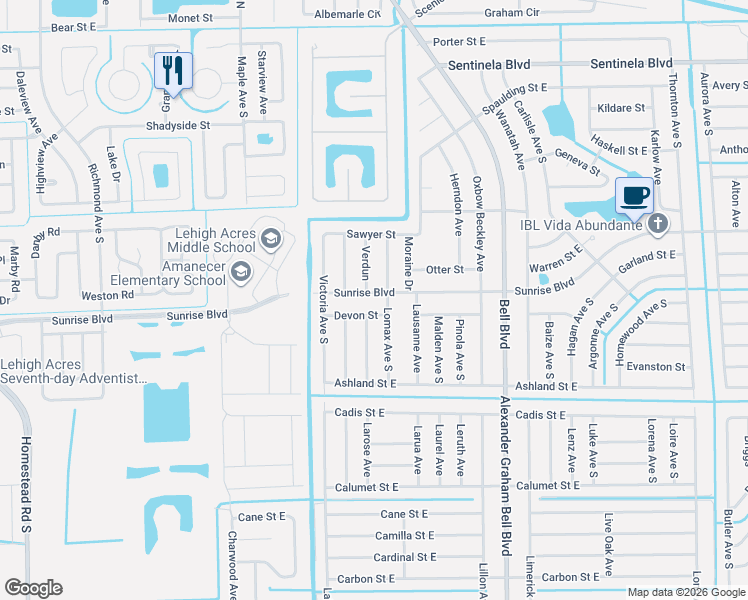 map of restaurants, bars, coffee shops, grocery stores, and more near 719 Devon Street in Lehigh Acres
