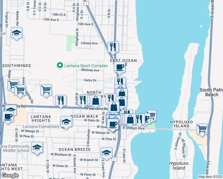 map of restaurants, bars, coffee shops, grocery stores, and more near 327 Anderson Road in Lantana
