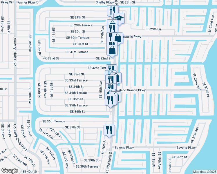 map of restaurants, bars, coffee shops, grocery stores, and more near 3336 Del Prado Boulevard South in Cape Coral
