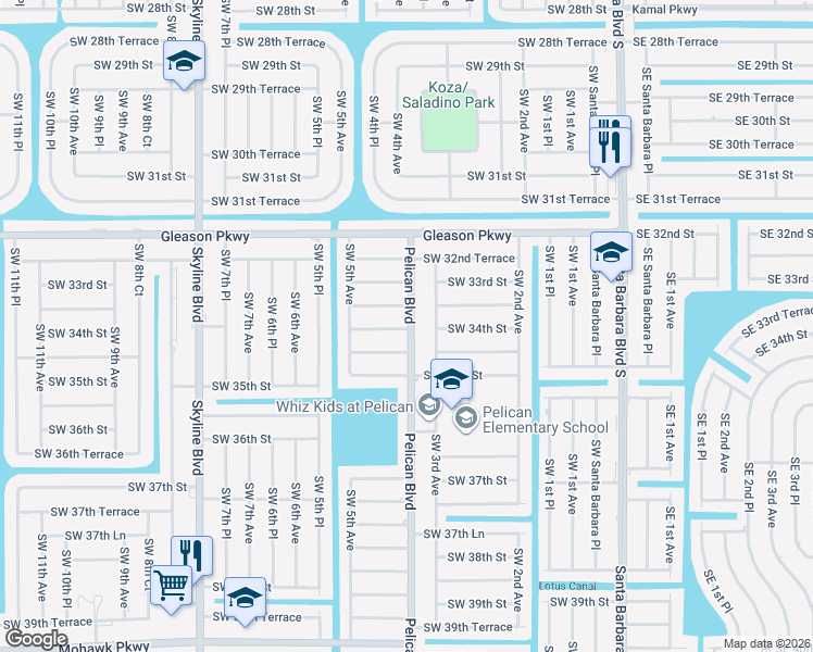 map of restaurants, bars, coffee shops, grocery stores, and more near 404 Southwest 34th Street in Cape Coral