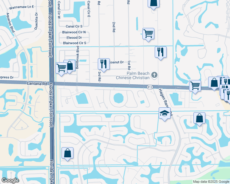 map of restaurants, bars, coffee shops, grocery stores, and more near 7580 Woodland Creek Lane in Lake Worth