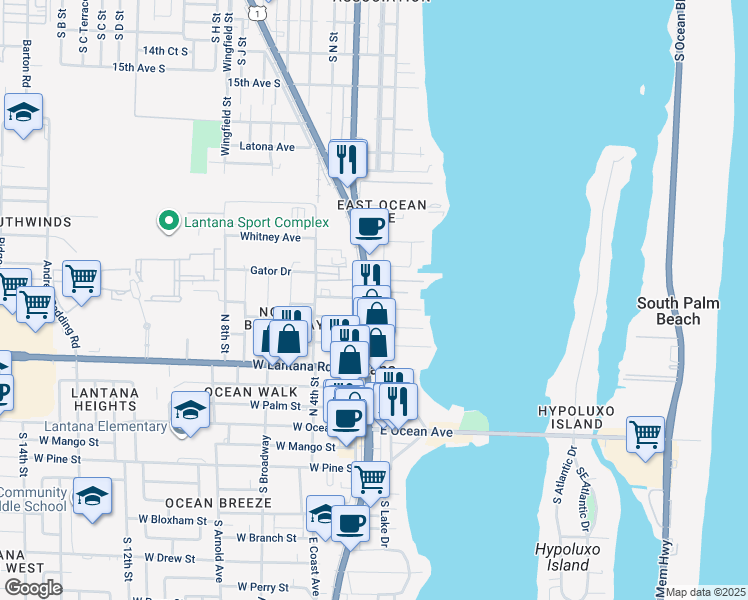 map of restaurants, bars, coffee shops, grocery stores, and more near 636 North Dixie Highway in Lantana