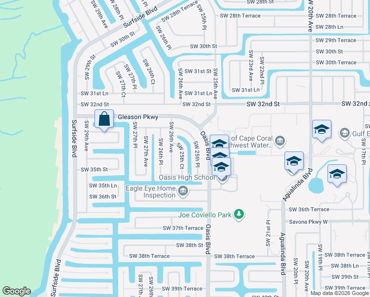 map of restaurants, bars, coffee shops, grocery stores, and more near 3331 Southwest 25th Court in Cape Coral