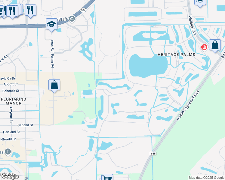 map of restaurants, bars, coffee shops, grocery stores, and more near 10538 Washingtonia Palm Way in Fort Myers