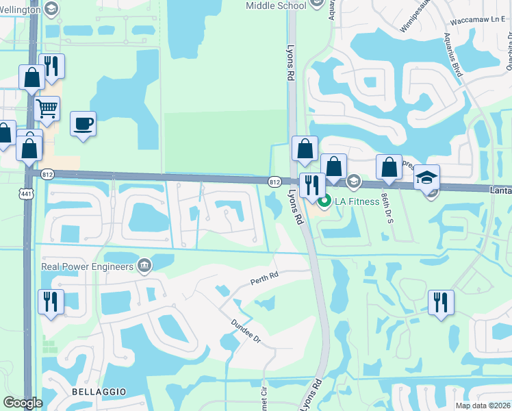 map of restaurants, bars, coffee shops, grocery stores, and more near 9165 Pineville Drive in Lake Worth