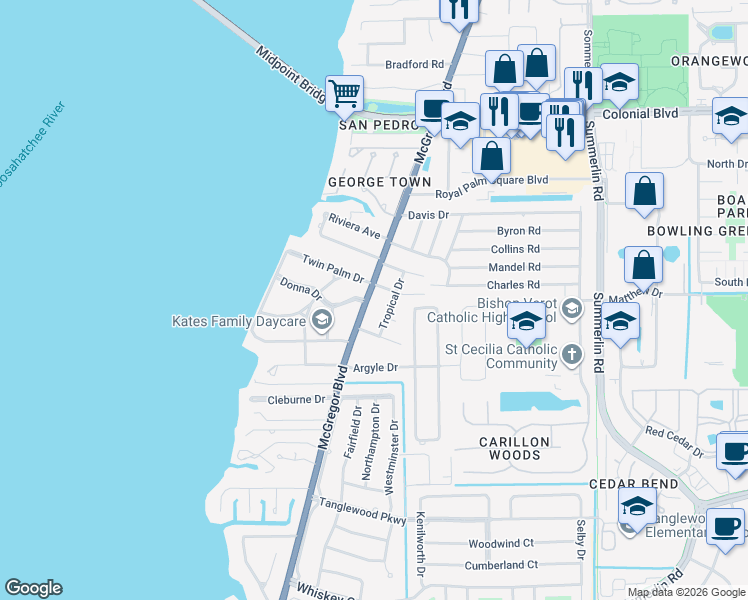 map of restaurants, bars, coffee shops, grocery stores, and more near 10500 McGregor Boulevard in Fort Myers