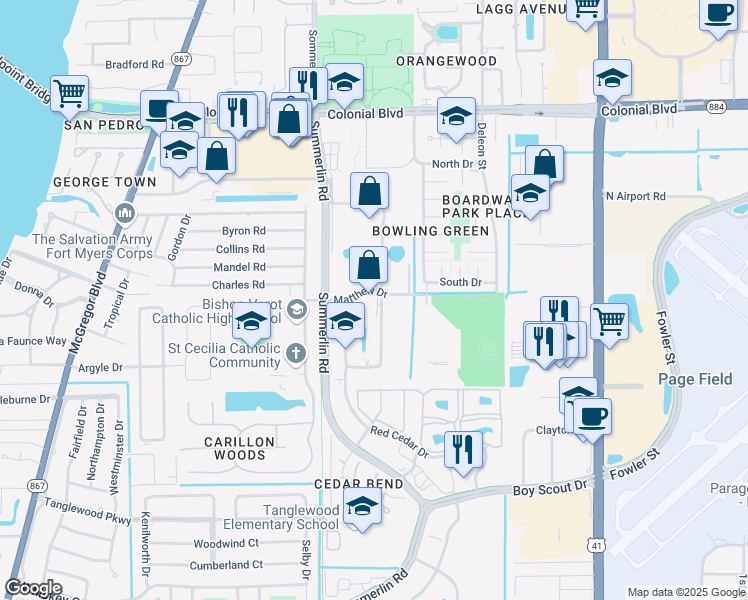 map of restaurants, bars, coffee shops, grocery stores, and more near 21 Barkley Circle in Fort Myers