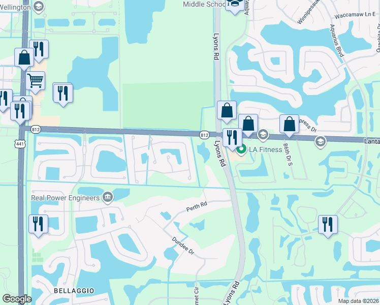 map of restaurants, bars, coffee shops, grocery stores, and more near 9165 Pineville Drive in Lake Worth