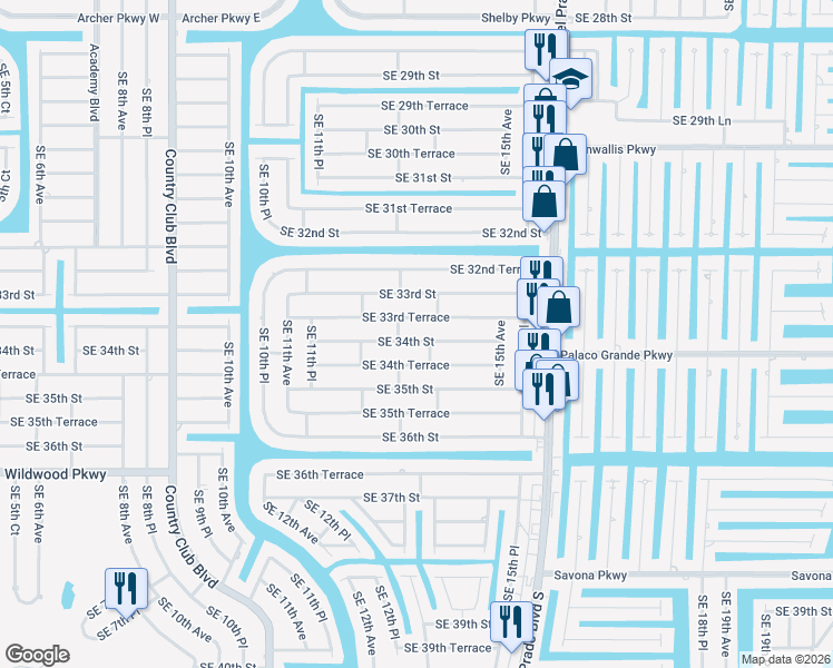map of restaurants, bars, coffee shops, grocery stores, and more near 1402 Southeast 34th Street in Cape Coral