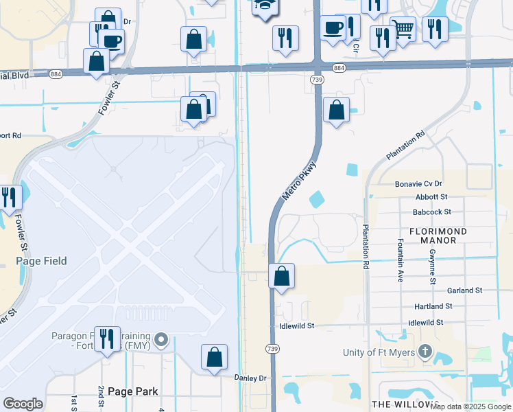 map of restaurants, bars, coffee shops, grocery stores, and more near John Yarbrough Linear Park Trail in Fort Myers