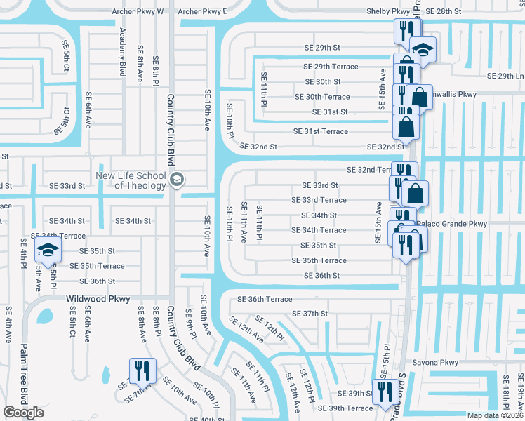 map of restaurants, bars, coffee shops, grocery stores, and more near 1116 Southeast 34th Street in Cape Coral