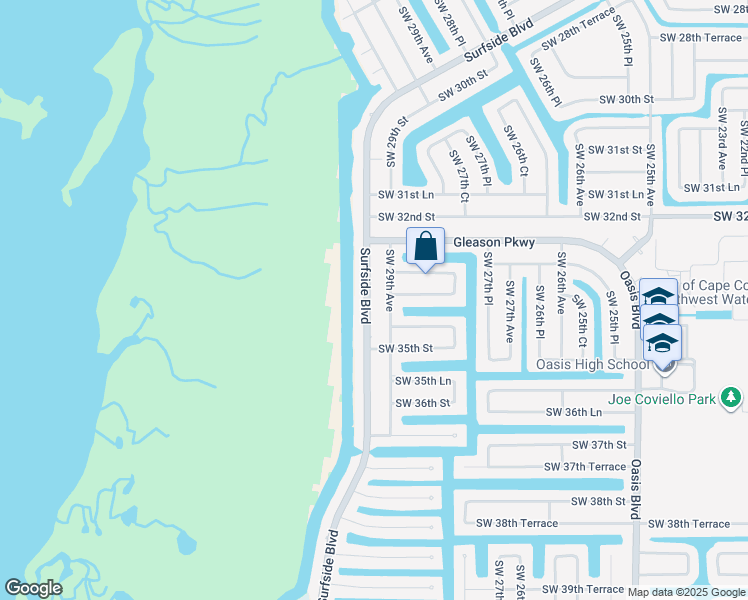 map of restaurants, bars, coffee shops, grocery stores, and more near 3319 Surfside Boulevard in Cape Coral
