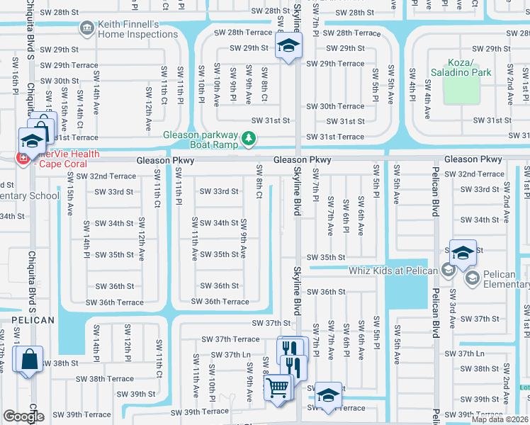 map of restaurants, bars, coffee shops, grocery stores, and more near 3329 Southwest 8th Court in Cape Coral