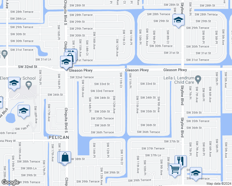 map of restaurants, bars, coffee shops, grocery stores, and more near 3319 Southwest 12th Avenue in Cape Coral