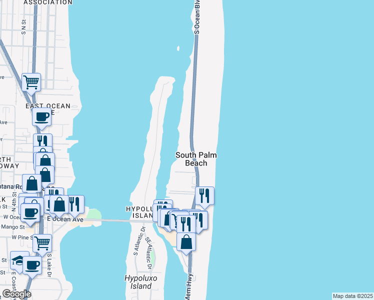 map of restaurants, bars, coffee shops, grocery stores, and more near 3575 South Ocean Boulevard in South Palm Beach