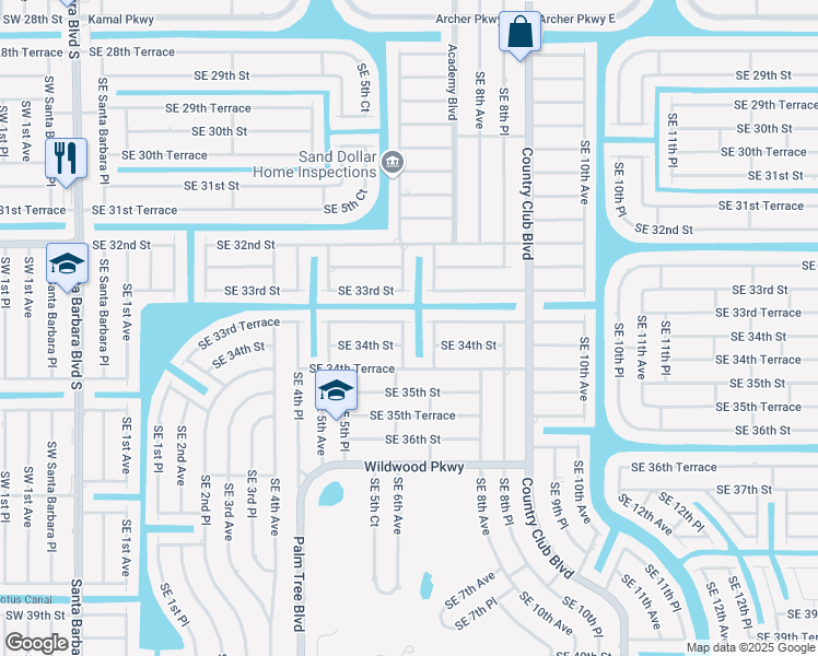 map of restaurants, bars, coffee shops, grocery stores, and more near 3301 Southeast 6th Avenue in Cape Coral
