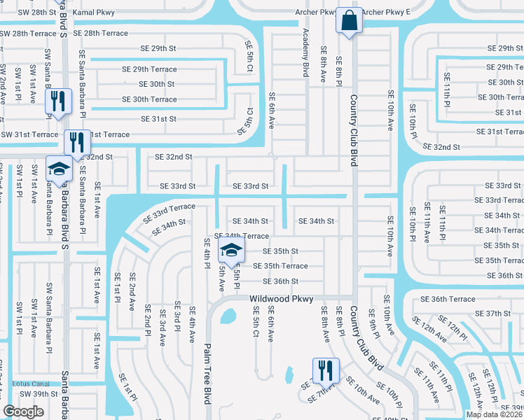 map of restaurants, bars, coffee shops, grocery stores, and more near 3313 Southeast 6th Avenue in Cape Coral
