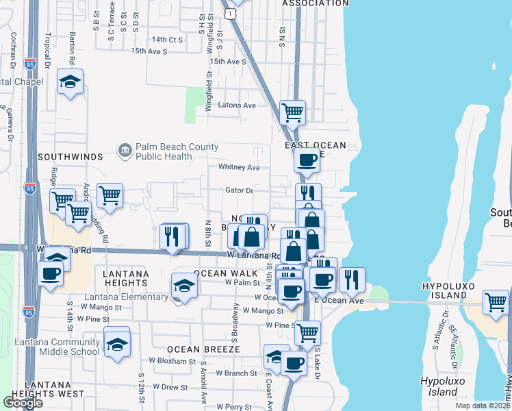 map of restaurants, bars, coffee shops, grocery stores, and more near 614 North 5th Street in Lantana