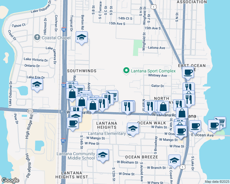 map of restaurants, bars, coffee shops, grocery stores, and more near 39 Pine Place in Lantana