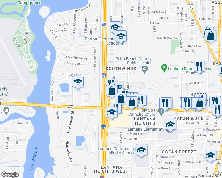 map of restaurants, bars, coffee shops, grocery stores, and more near 607 Ridge Road in Lantana