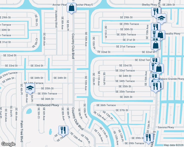 map of restaurants, bars, coffee shops, grocery stores, and more near 3321 Southeast 10th Avenue in Cape Coral