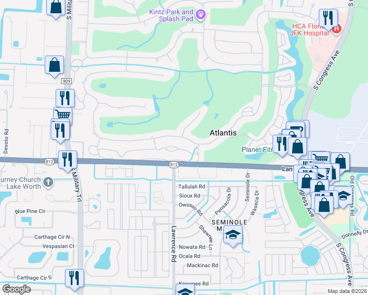 map of restaurants, bars, coffee shops, grocery stores, and more near 435 Pine Villa Drive in Atlantis