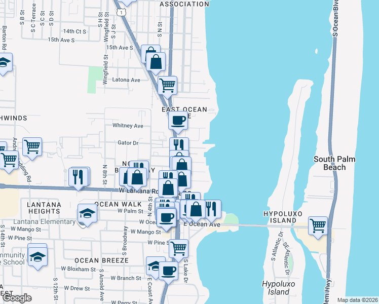 map of restaurants, bars, coffee shops, grocery stores, and more near 720 North Dixie Highway in Lantana
