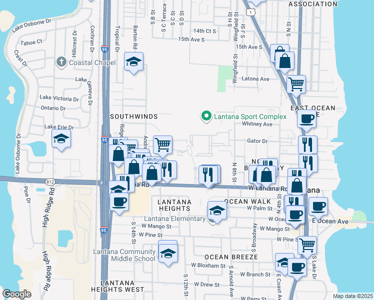 map of restaurants, bars, coffee shops, grocery stores, and more near 1003 Water Tower Way in Lantana