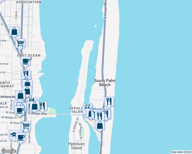 map of restaurants, bars, coffee shops, grocery stores, and more near 3555 South Ocean Boulevard in South Palm Beach