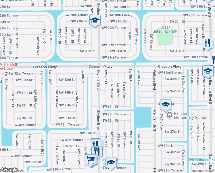 map of restaurants, bars, coffee shops, grocery stores, and more near 3317 Southwest 7th Place in Cape Coral