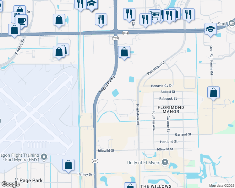 map of restaurants, bars, coffee shops, grocery stores, and more near 10601 Metro Parkway in Fort Myers