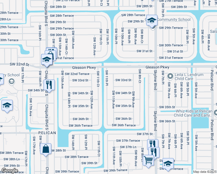 map of restaurants, bars, coffee shops, grocery stores, and more near 3315 Southwest 11th Place in Cape Coral