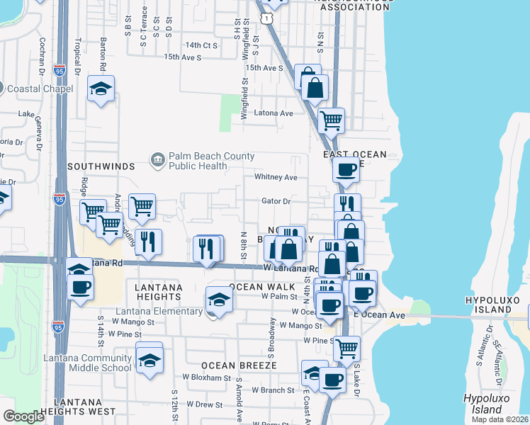 map of restaurants, bars, coffee shops, grocery stores, and more near 714 North 7th Street in Lantana