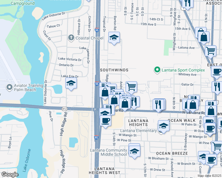map of restaurants, bars, coffee shops, grocery stores, and more near 1326 New World Avenue in Lantana