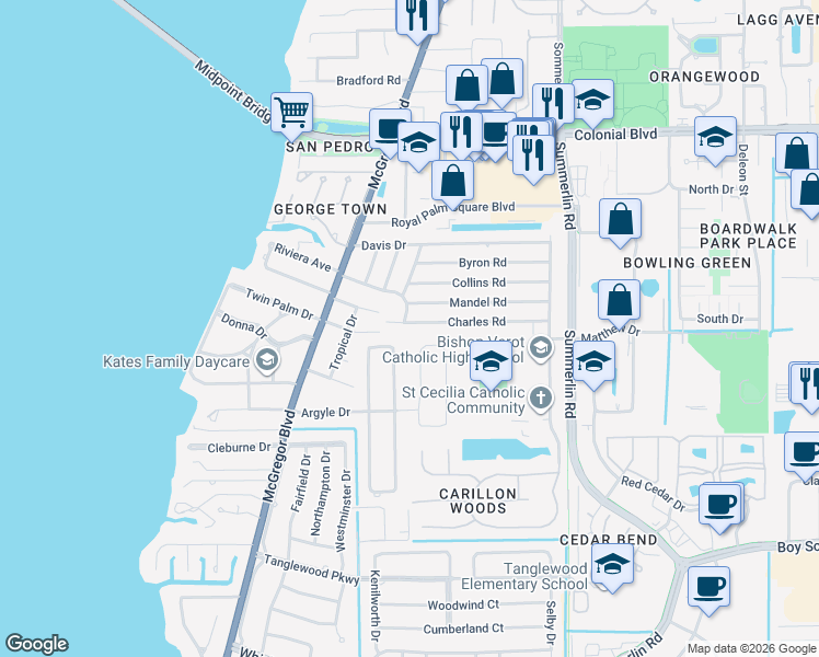 map of restaurants, bars, coffee shops, grocery stores, and more near 1420 Mandel Road in Fort Myers