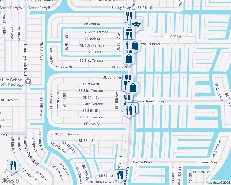 map of restaurants, bars, coffee shops, grocery stores, and more near 1503 Southeast 33rd Terrace in Cape Coral