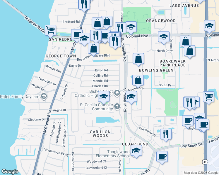 map of restaurants, bars, coffee shops, grocery stores, and more near 1445 Charles Road in Fort Myers