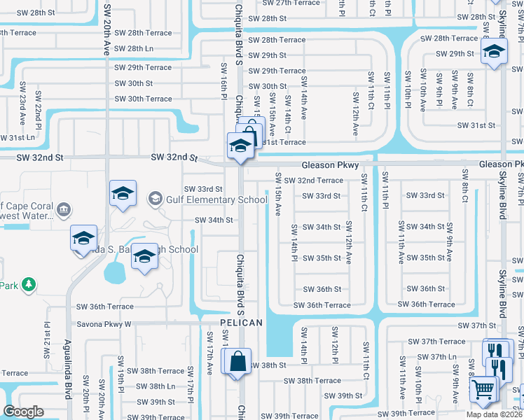 map of restaurants, bars, coffee shops, grocery stores, and more near 3302 Southwest 15th Avenue in Cape Coral