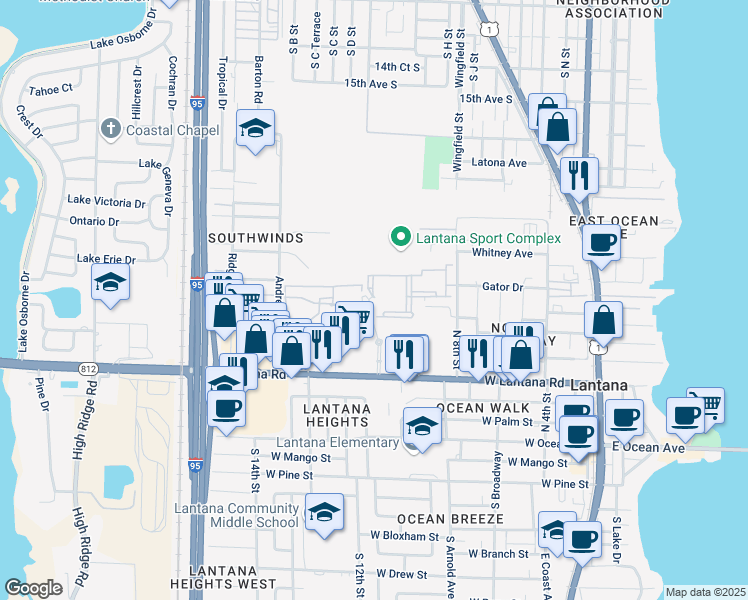 map of restaurants, bars, coffee shops, grocery stores, and more near 900 Water Tower Way in Lantana