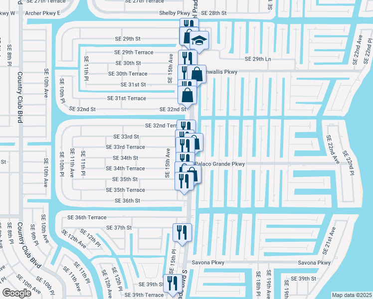 map of restaurants, bars, coffee shops, grocery stores, and more near 3310 Del Prado Boulevard South in Cape Coral