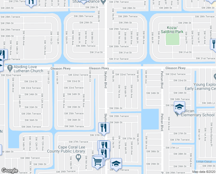 map of restaurants, bars, coffee shops, grocery stores, and more near 3306 Southwest 7th Place in Cape Coral