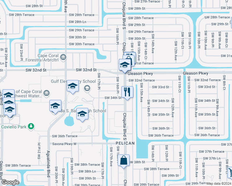map of restaurants, bars, coffee shops, grocery stores, and more near 1615 Southwest 33rd Terrace in Cape Coral